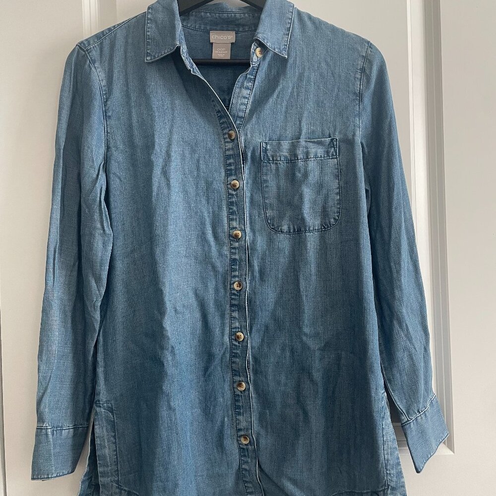 Chicos Denim Button up Long Sleeve Cardigan with Pockets Size 00P Petite